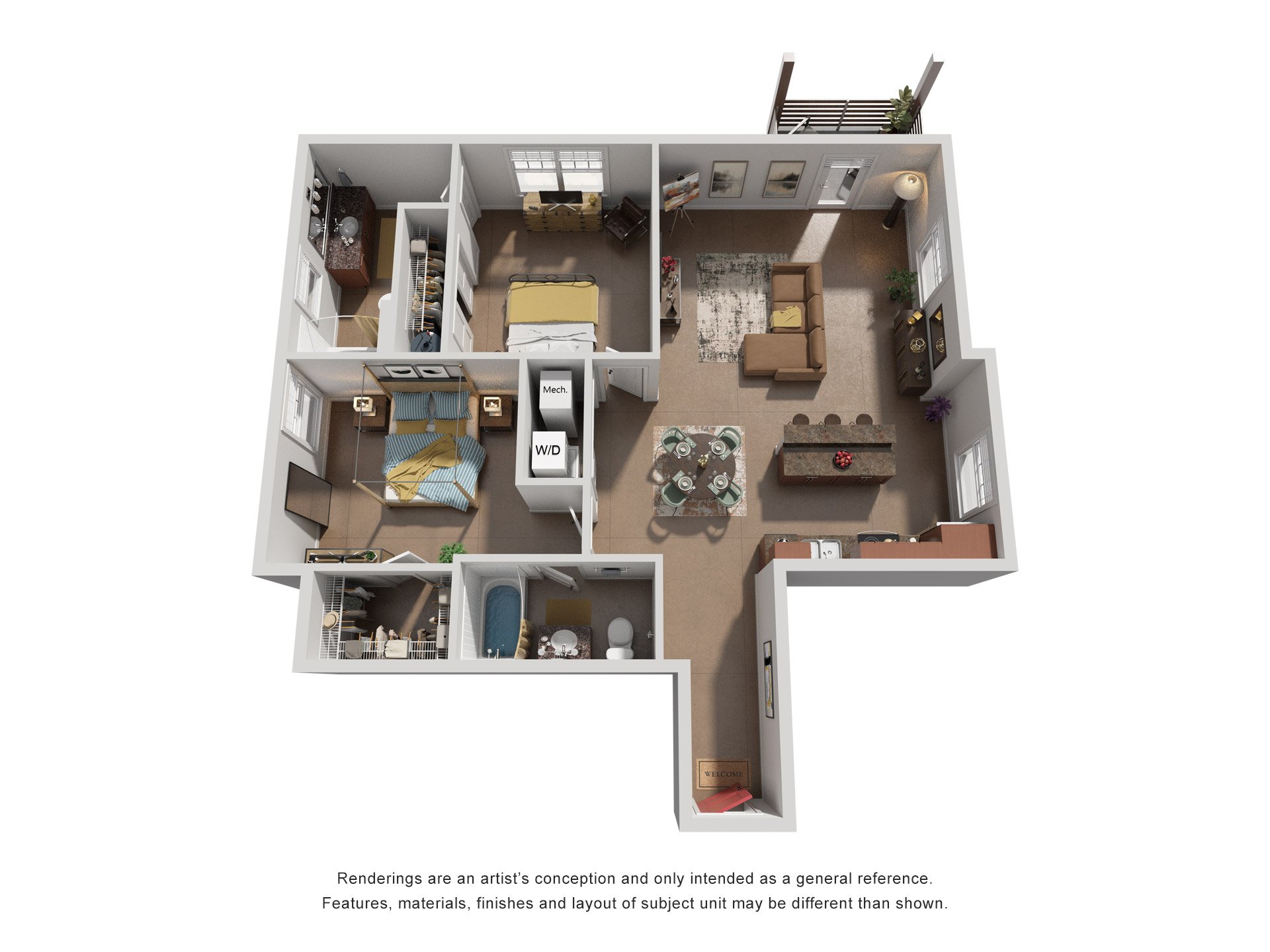 Floor plan for 2 beds, 2 baths, 1235 sqft